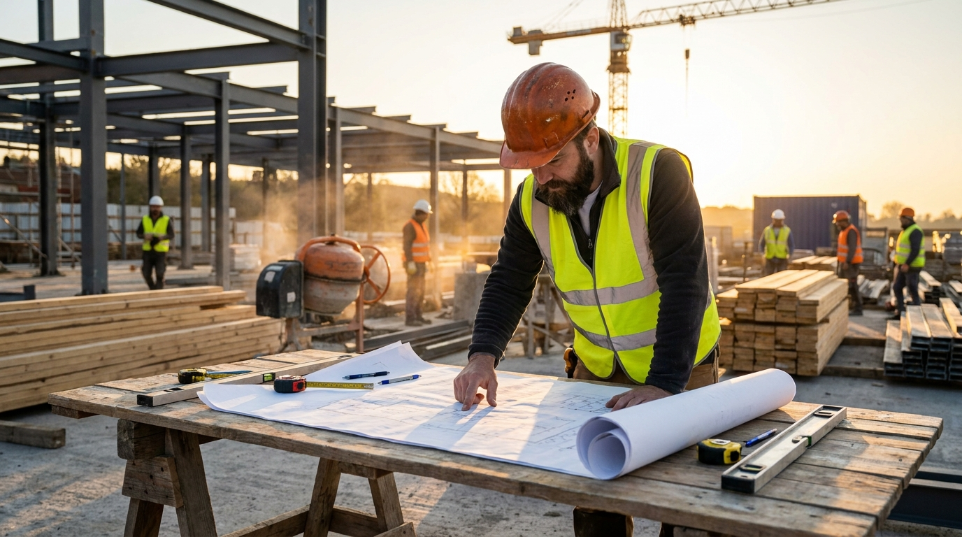 Contractor reviewing blueprints on a modern construction site