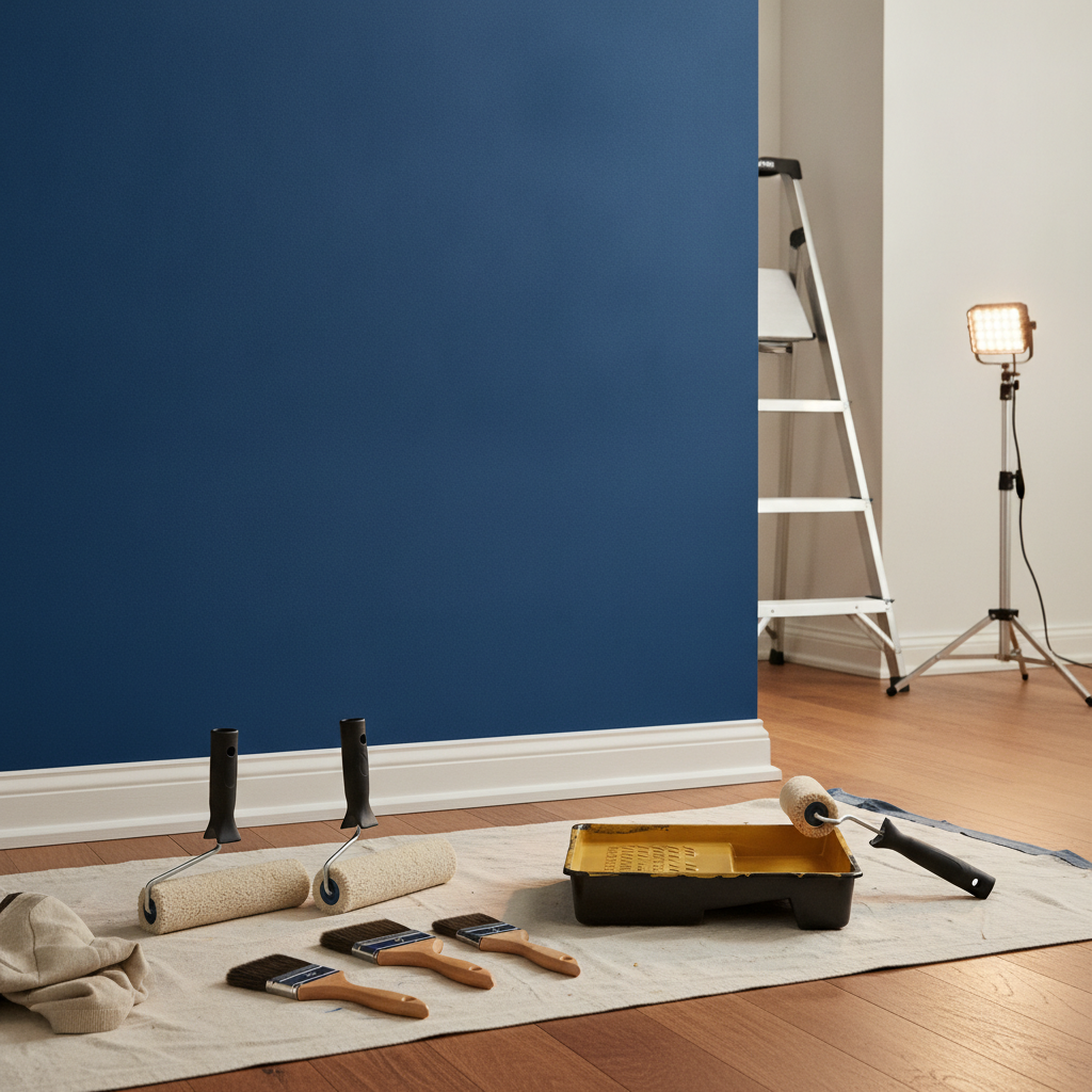 Professional paint finish and tools on a job site